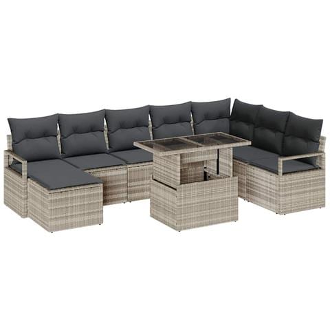 Set di divani da giardino con cuscini 9 pezzi Grigio chiaro in rattan polimerico, Divano da giardino a 2 posti con cuscini Grigio in rattan polimerico - Foto 1