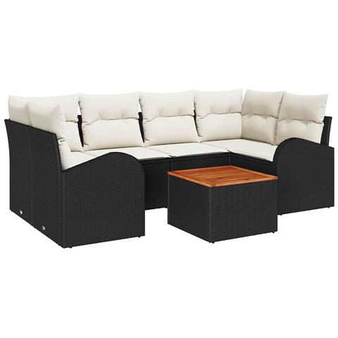 Set Divano da Giardino da 7 Pezzi con Cuscini Rattan Poliestere Nero Acacia,  Divano da Giardino per 2 Persone con Ripostiglio&Cuscini Rattan Poliestere Nero - Foto 1