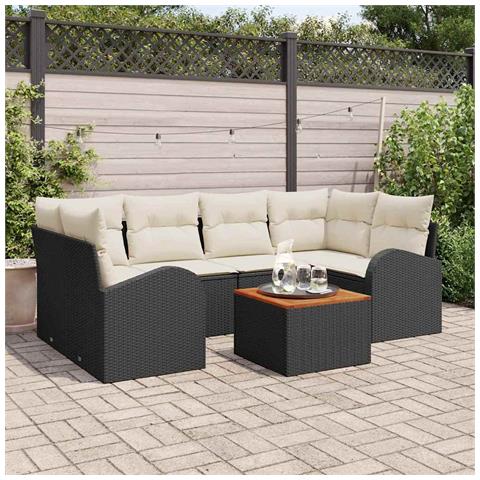 Set Divano da Giardino da 7 Pezzi con Cuscini Rattan Poliestere Nero Acacia,  Divano da Giardino per 2 Persone con Ripostiglio&Cuscini Rattan Poliestere Nero - Foto 2