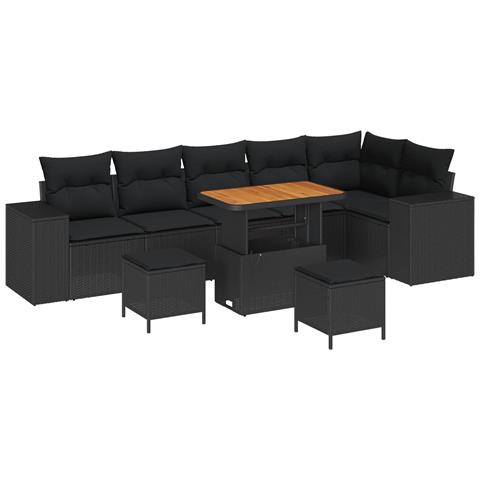 Set Divano Giardino a 9 Pezzi con Cuscini Nero Rattan Poliestere, Set da Pranzo Giardino a 3 Pezzi con Cuscini Nero Rattan Poliestere - Foto 1