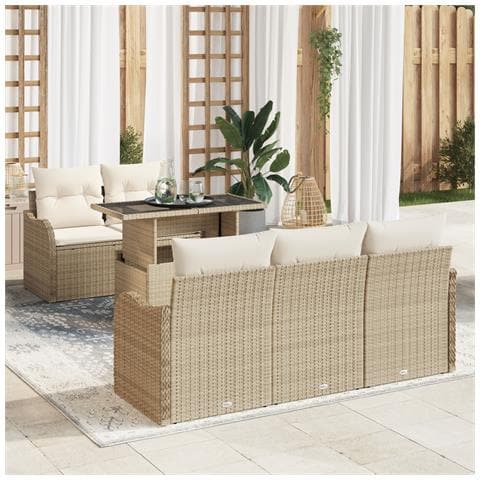 Set di divani da giardino in 6 pezzi con cuscini in rattan poliestere beige, Divano da giardino per 2 persone con cuscini in rattan poliestere beige - Foto 2