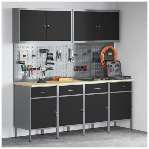 Set da 10 Pezzi di Armadietto da Lavoro e Pannello Perforato Nero in MDF e Metallo - Foto 2