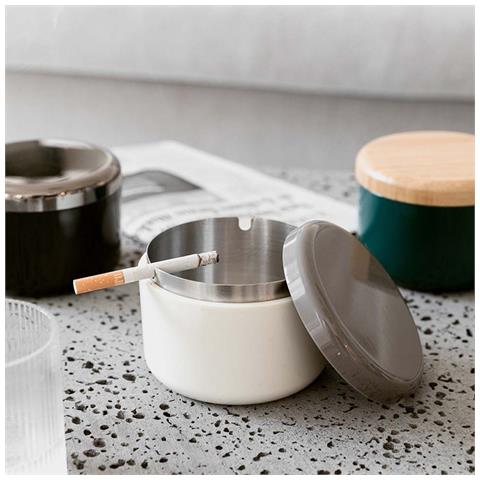 Posacenere In Stile Nordico Con Coperchio - Acciaio Inossidabile E Bambù, Antivento E Antifumo White - Foto 2