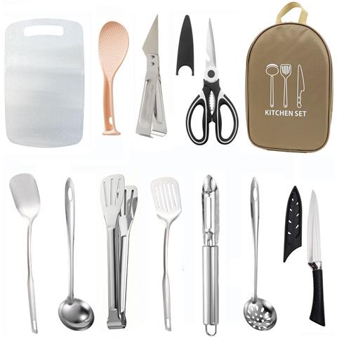 Set Da 12 Pezzi Per Campeggio Portatile - Utensili Da Cucina In Acciaio Inox Con Borsa In Tessuto Oxford Khaki - Foto 1