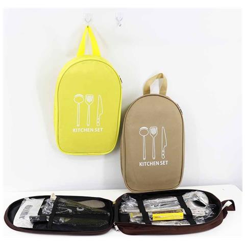 Set Da 12 Pezzi Per Campeggio Portatile - Utensili Da Cucina In Acciaio Inox Con Borsa In Tessuto Oxford Khaki - Foto 2