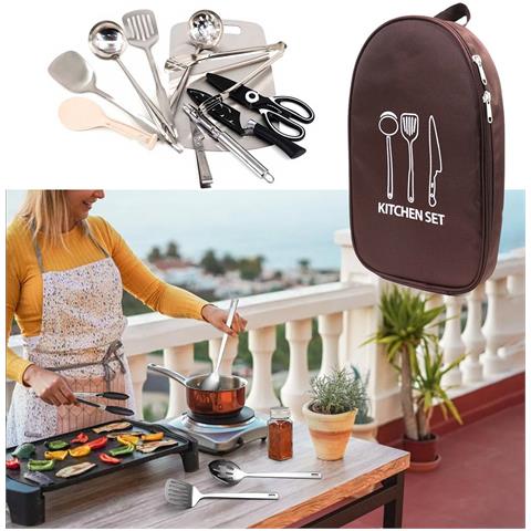 Set Da 12 Pezzi Per Campeggio Portatile - Utensili Da Cucina In Acciaio Inox Con Borsa In Tessuto Oxford Khaki - Foto 5