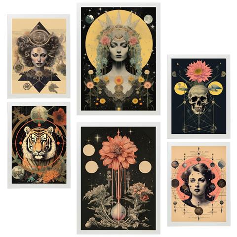 Set Di 6 Stampe Pittura Decorativa Collage Illustrazione Surreale In Mistico Esoterico Incorniciato Con Illustrazioni A3 & A4 Cornice Bianca - Foto 1