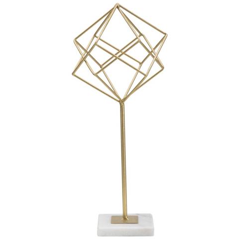 Scultura Cube Geometrica In Ferro Dorato Con Base In Marmo Bianco 42 Cm - Foto 1