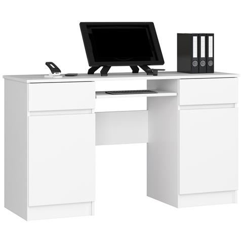 Scrivania per computer A5, 2 ante e 2 cassetti, 135x50x77 cm, Colore Bianco - Foto 1