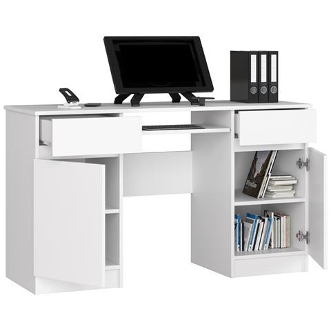 Scrivania per computer A5, 2 ante e 2 cassetti, 135x50x77 cm, Colore Bianco - Foto 2