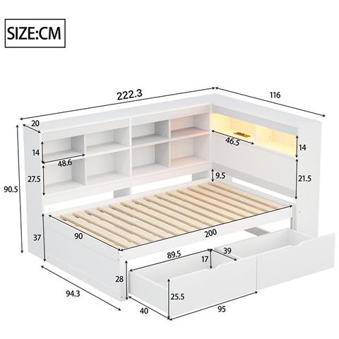 Divano In Legno Massiccio 90x200 Cm, Con Vani Portaoggetti, Con Ripiani E Vani Portaoggetti, Letto Singolo In Legno, Bianco - Foto 2