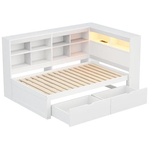 Divano In Legno Massiccio 90x200 Cm, Con Vani Portaoggetti, Con Ripiani E Vani Portaoggetti, Letto Singolo In Legno, Bianco - Foto 4
