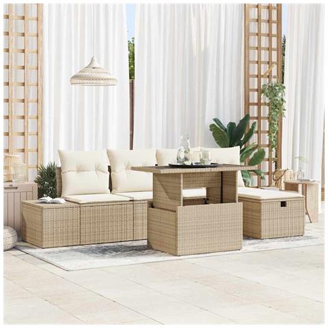Set di 6 Pezzi Divano da Giardino con Cuscini Beige in Rattan Sintetico - Foto 2