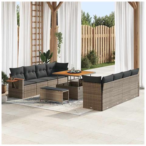 Set Divano da Giardino 11 Pz con Cuscini Grigio Polyrattan Acacia, Set da Pranzo 3 Pz da Giardino con Cuscini Grigio Polyrattan Acacia - Foto 2
