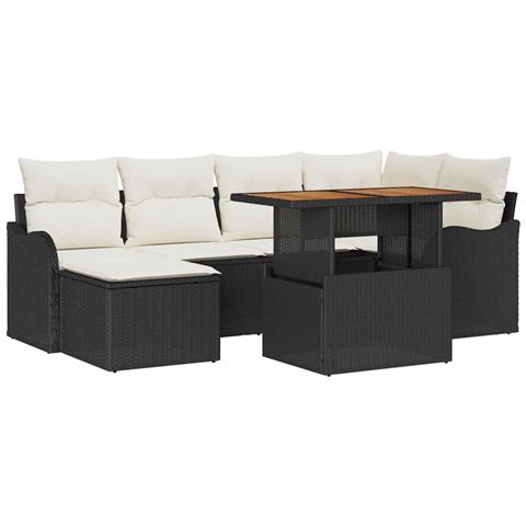 Set Divano da Giardino da 7 Pezzi con Cuscini Rattan Polilucido Nero Acacia, Divano da Giardino per 2 Persone con Cuscini Rattan Polilucido Nero - Foto 1