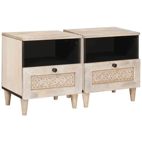 Comodino 2 pcs Beige 40 x 33 x 46 cm legno massello di mango - Foto 1