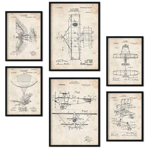 Set Di 6 Stampe Poster Con Brevetti Di Aeroplani Poster Con Immagini Di Brevetti Retrò Design D'interni In Stile Vintage A3 & A4 Cornice Nera - Foto 1