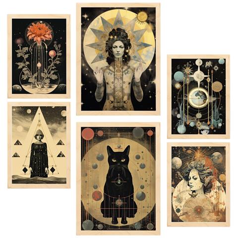 Set Di 6 Stampe Pittura Decorativa Surreale Collage In Mistico Esoterico Per Donne Incorniciata Con Illustrazioni A3 & A4 Telaio In Legno Chiaro - Foto 1