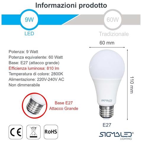 Pack 6 Pezzi Lampadina Led E27 9w (equivalente A 60w) - Luce Bianca Calda 2800k - 810 Lumen - Attacco Grande E27 - Goccia A60 - 60x120mm - Classe Energetica A+ - Foto 2