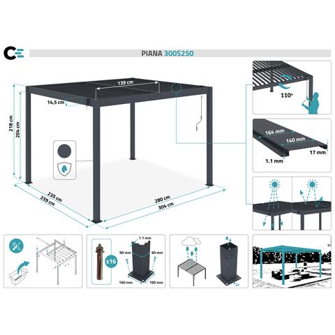 Pergola Bioclimatica Autoportante In Alluminio Grigio Piana 3x2,5m - Foto 8