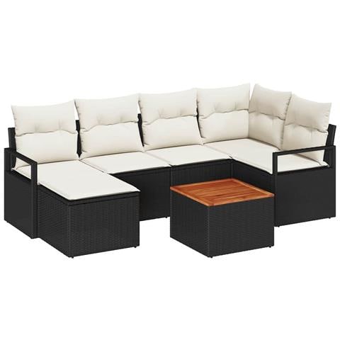 Set di divano da giardino 7 pezzi con cuscini in rattan polimerico nero e acacia, Divano da giardino 2 posti con storage e cuscini in rattan polimerico nero - Foto 1