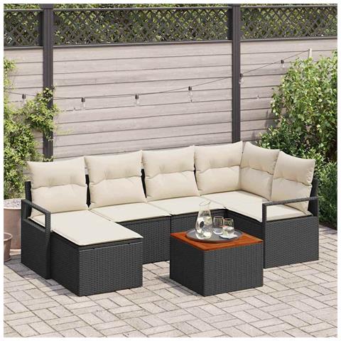 Set di divano da giardino 7 pezzi con cuscini in rattan polimerico nero e acacia, Divano da giardino 2 posti con storage e cuscini in rattan polimerico nero - Foto 2