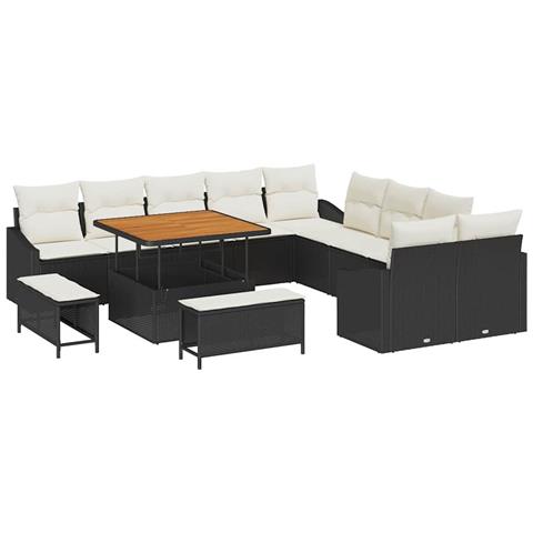 Set divano giardino con 13 pezzi e cuscini in polyrattan nero e acacia, Divano giardino per 2 persone con cuscini in polyrattan nero, Set pranzo giardino con 3 pezzi e cuscini in polyrattan nero e acacia - Foto 1