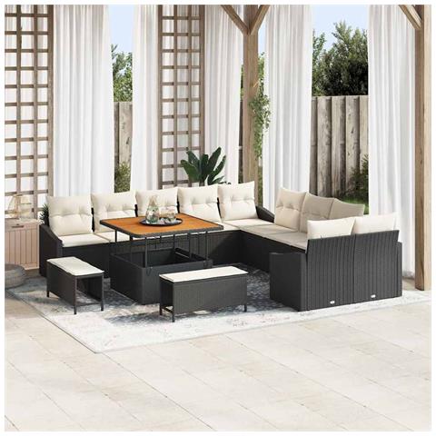 Set divano giardino con 13 pezzi e cuscini in polyrattan nero e acacia, Divano giardino per 2 persone con cuscini in polyrattan nero, Set pranzo giardino con 3 pezzi e cuscini in polyrattan nero e acacia - Foto 2
