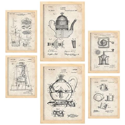 Set Di 6 Stampe Con Brevetti Per Macchine Da Caffè Poster Con Immagini Di Brevetti Retrò Design D'interni In Stile Vintage A3 & A4 Telaio In Legno Chiaro - Foto 1