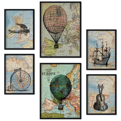 Set Di 6 Stampe Collezione Di Mappe D'epoca Con Collage Estetico Per La Decorazione D'interni A3 & A4 Cornice Nera - Foto 1
