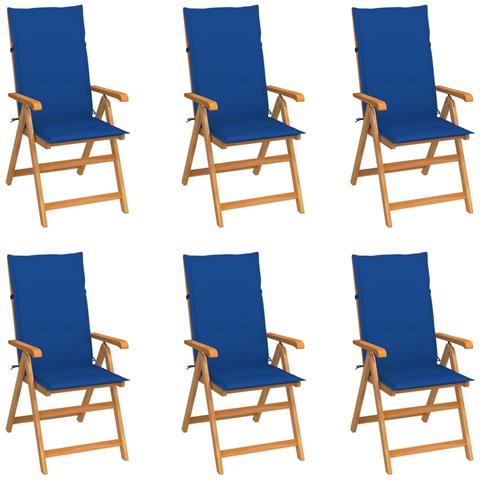 Sedie da Giardino 6 pz con Cuscini Blu Reale Massello di Teak - Foto 1