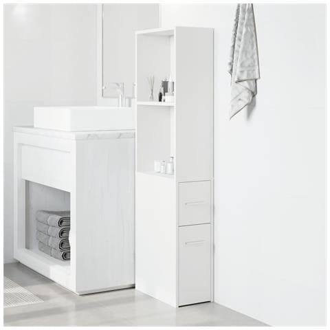 Armadietto Da Bagno Stretto Con Ruote Bianco In Truciolato - Foto 3