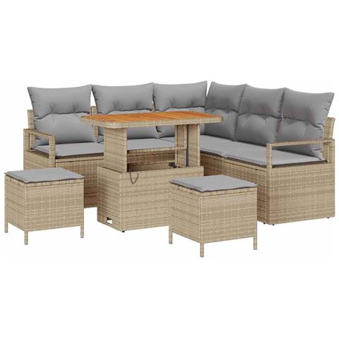 Set Divano Giardino con 8 Pezzi e Cuscini Beige in Rattan e Acacia, Divano Giardino 2 Posti con Cuscini Beige in Rattan, Set da Pranzo Giardino con 3 Pezzi e Cuscini Beige in Rattan e Acacia - Foto 1