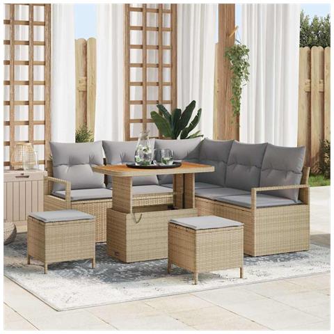 Set Divano Giardino con 8 Pezzi e Cuscini Beige in Rattan e Acacia, Divano Giardino 2 Posti con Cuscini Beige in Rattan, Set da Pranzo Giardino con 3 Pezzi e Cuscini Beige in Rattan e Acacia - Foto 2