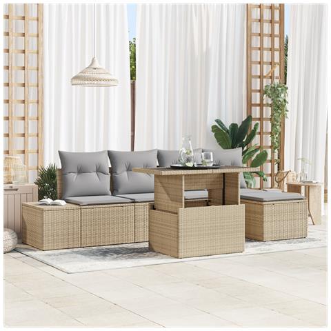 Set divano da giardino di 6 pezzi con cuscini beige in polyrattan - Foto 2