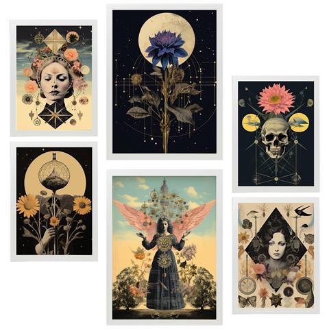 Set Di 6 Stampe Dipinto Decorativo Collage Surreale In Floreale Mistico Esoterico Incorniciato Con Illustrazioni A3 & A4 Cornice Bianca - Foto 1
