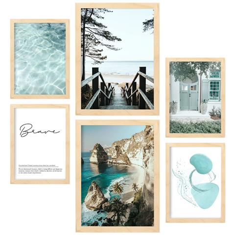 Set Di 6 Stampe Stampe Artistiche Da Parete Con Effetto Acqua Turchese Per Camera Da Letto O Soggiorno A3 & A4 Telaio In Legno Chiaro - Foto 1