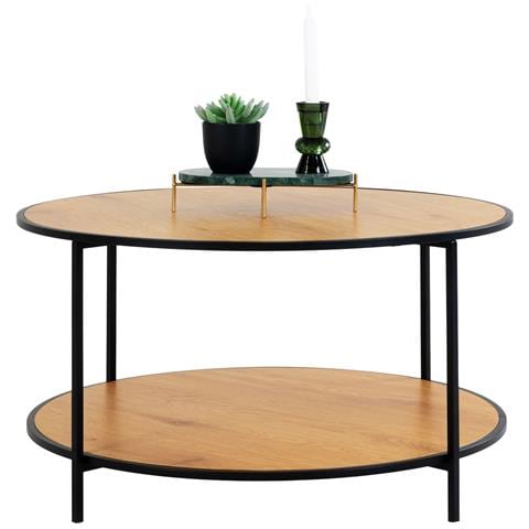 Tavolino Da Salotto Vita Rotondo Effetto Rovere Con Struttura In Acciaio Nero, Ø80×45 Cm - Foto 1