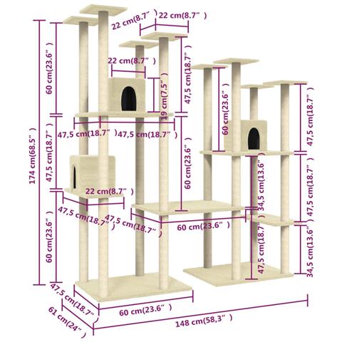 Albero Per Gatti Con Tiragraffi In Sisal Crema 174 Cm - Foto 7