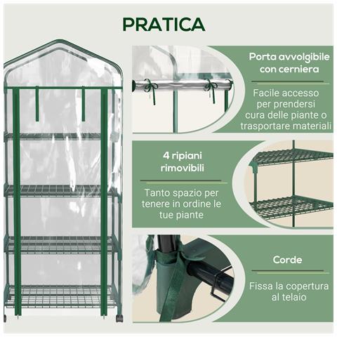 Serra Per Piante Verticale Con Scaffale A 4 Ripiani In Acciaio E Pvc Bianco, 69x50x165cm - Foto 6
