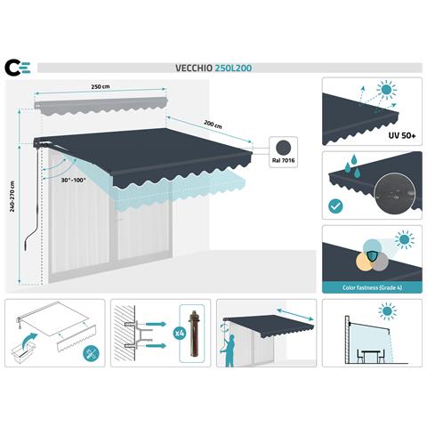 Tenda Manuale A Manovella 2,5m X 2m - - Vecchio - Retrattile - Idrorepellente - Grigio - Anti-uv - Tessuto Premium 320m² - Foto 7