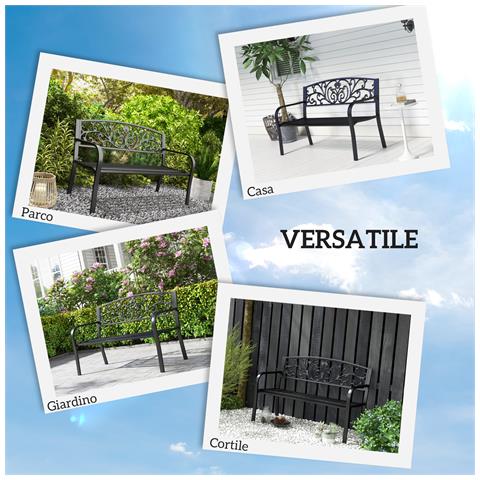 Panchina da Giardino in Metallo con Schienale Decorato, 127x60x87cm - Nero - Foto 2