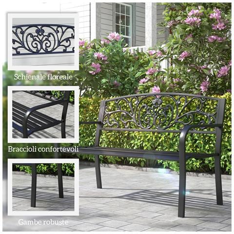 Panchina da Giardino in Metallo con Schienale Decorato, 127x60x87cm - Nero - Foto 6