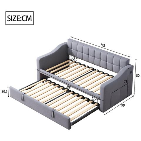 Daybed Divano Letto Letto Imbottito Con Presa Di Corrente E Sacco Portaoggetti, Grigio - Foto 2