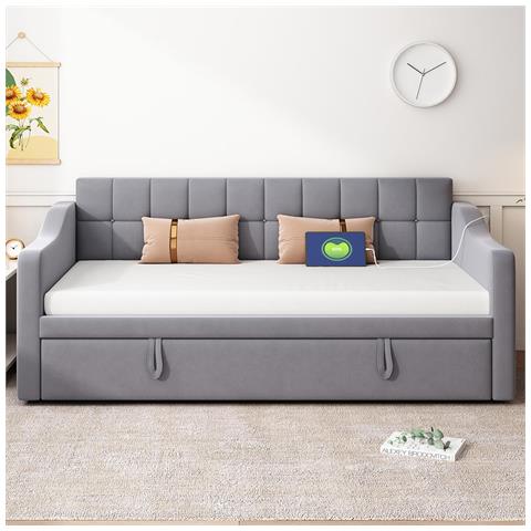 Daybed Divano Letto Letto Imbottito Con Presa Di Corrente E Sacco Portaoggetti, Grigio - Foto 1