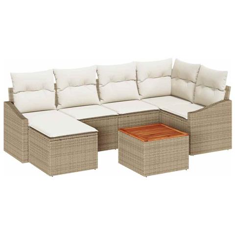Set divani giardino 7 pezzi con cuscini beige in polyrattan e acacia - Foto 1
