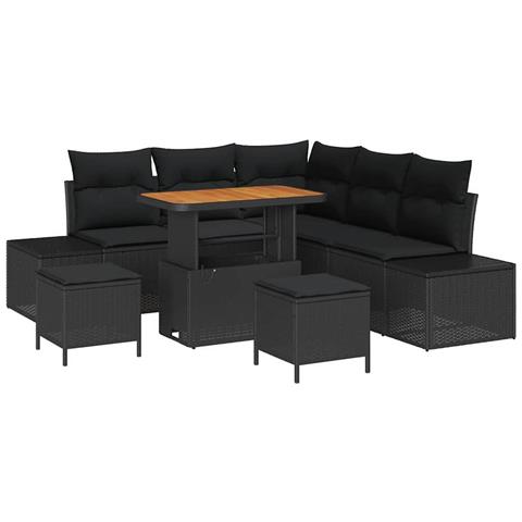 Set Divano da Giardino 8 Pezzi con Cuscini Rattan Nero Acacia, Divano da Giardino a 2 Posti con Cuscini Rattan Nero, Set da Pranzo da Giardino 3 Pezzi con Cuscini Rattan Nero Acacia - Foto 1