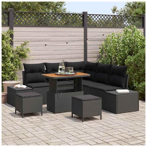 Set Divano da Giardino 8 Pezzi con Cuscini Rattan Nero Acacia, Divano da Giardino a 2 Posti con Cuscini Rattan Nero, Set da Pranzo da Giardino 3 Pezzi con Cuscini Rattan Nero Acacia - Foto 2