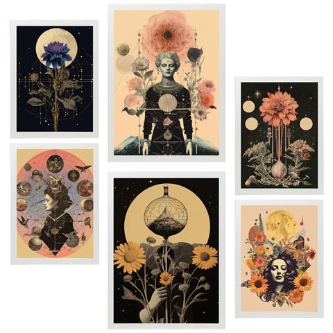 Set Di 6 Stampe Pittura Decorativa Collage Surreale In Mistico Esoterico In Toni Pastello Incorniciato Con Illustrazioni A3 & A4 Cornice Bianca - Foto 1