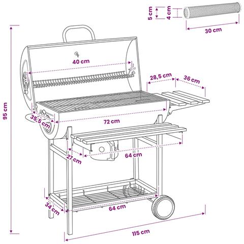 Griglia a Barile con Ruote e Ripiani 3 pz 115 x 85 x 95 cm Nero - Foto 8